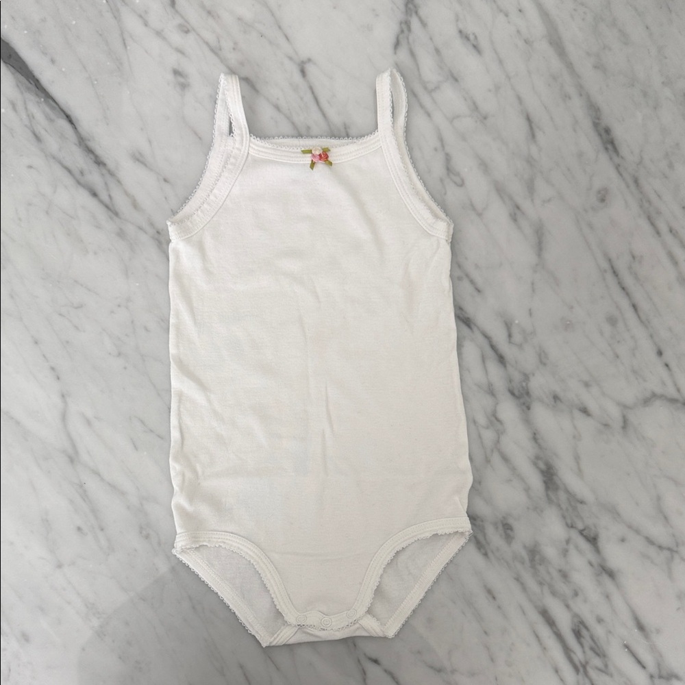 Petit Bateau White Tank Bodysuit with Pink Bow
